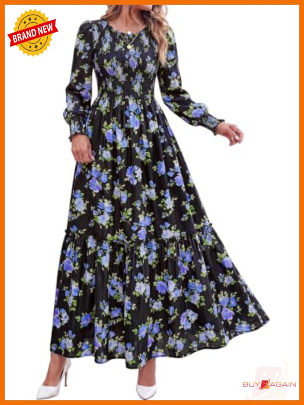 Womens Long Sleeve Floral Maxi Dress with Pockets Smocked Fall